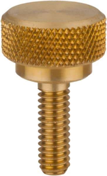 Morton Machine Works - 1/4-20 Knurled Shoulder Flat Tip Brass Thumb Screw - 15/16" OAL, 7/16" Head Height - USA Tool & Supply