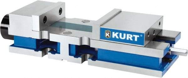 Kurt - 8" Jaw Width, 10-1/4" Jaw Opening Capacity, Horizontal Stationary Machine Vise - Hydraulic Operation, 1 Station, 27" Long x 6" High x 1" Deep, 6" Jaw Height, 3,200 Lb Max Clamp Force, Ductile Iron - USA Tool & Supply