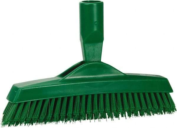 Vikan - 1.6" Bristle Length, Polyester Utility Scrub Brush - 9" Long x 1-1/2" Wide Head, 9-1/4" OAL, European Threaded Handle, Green, Polypropylene Block - USA Tool & Supply