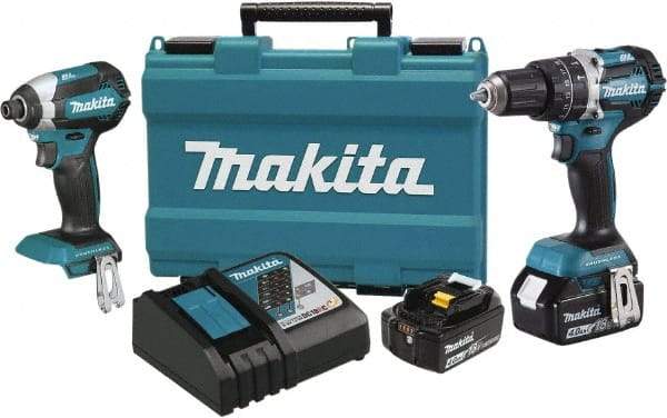 Makita - 18 Volt Cordless Tool Combination Kit - Includes 1/2" Hammer Drill & 1/4" Impact Driver, Lithium-Ion Battery Included - USA Tool & Supply