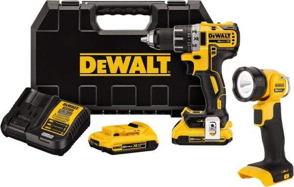 DeWALT - 20 Volt 1/2" Chuck Mid-Handle Cordless Drill - 0-500 & 0-2000 RPM, Keyless Chuck, Reversible, 2 Lithium-Ion Batteries Included - USA Tool & Supply