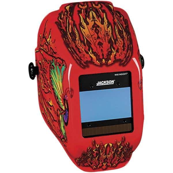 Jackson Safety - 2.36" Window Width x 3.94" Window Height, 9 to 13 Shade Auto-Darkening Lens, Fixed Front Welding Helmet with Digital Controls - Red Flaming Butterfly Design, Nylon - USA Tool & Supply