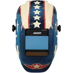 Jackson Safety - 2.36" Window Width x 3.94" Window Height, 9 to 13 Shade Auto-Darkening Lens, Fixed Front Welding Helmet with Digital Controls - Red/White/Blue Stars & Scars Design, Nylon - USA Tool & Supply