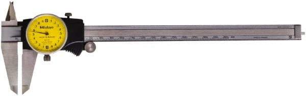 Mitutoyo - 0mm to 200mm Range, 0.02mm Graduation, 2mm per Revolution, Dial Caliper - Yellow Face, 50mm Jaw Length, Accurate to 0.03mm - USA Tool & Supply