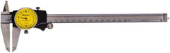 Mitutoyo - 0mm to 200mm Range, 0.02mm Graduation, 2mm per Revolution, Dial Caliper - Yellow Face, 50mm Jaw Length, Accurate to 0.03mm - USA Tool & Supply