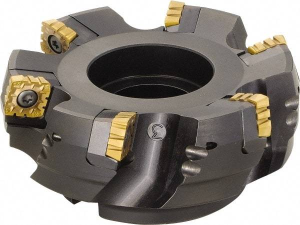 Kyocera - 125mm Cut Diam, 38.1mm Arbor Hole, 12mm Max Depth of Cut, 75° Indexable Chamfer & Angle Face Mill - 8 Inserts, SPMT1806 Insert, Right Hand Cut, 8 Flutes, Series MSRS15 - USA Tool & Supply