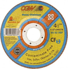 Camel Grinding Wheels - 60 Grit, 4-1/2" Wheel Diam, Type 27 Depressed Center Wheel - Medium Grade, Aluminum Oxide, Resinoid Bond, R Hardness, 13,300 Max RPM - USA Tool & Supply