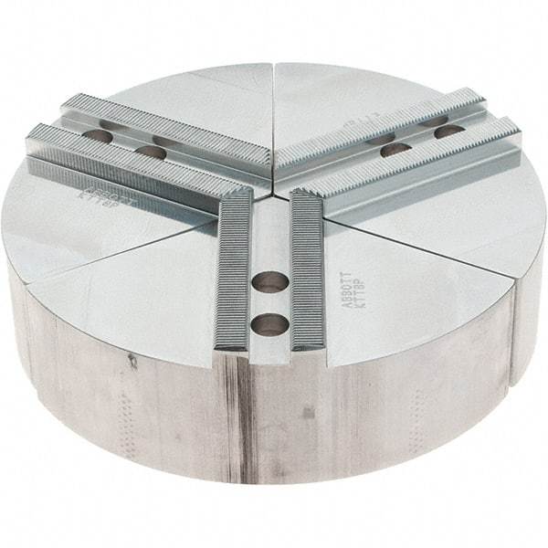 Abbott Workholding Products - 8" Max Chuck Capacity, 1.5mm x 60° Serrated Interface, Round Soft Lathe Chuck Jaw - 3 Jaw, Aluminum, 0.9843" Btw Mount Hole Ctrs, 8" Wide, 2" High, 12mm Fastener - USA Tool & Supply