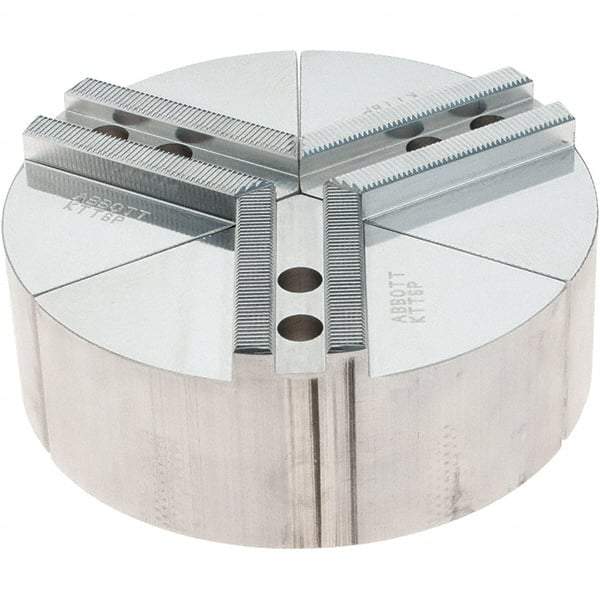 Abbott Workholding Products - 6" Max Chuck Capacity, 1.5mm x 60° Serrated Interface, Round Soft Lathe Chuck Jaw - 3 Jaw, Aluminum, 0.7874" Btw Mount Hole Ctrs, 6" Wide, 2" High, 10mm Fastener - USA Tool & Supply