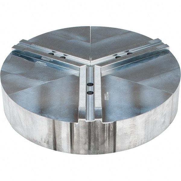 Abbott Workholding Products - 10" Max Chuck Capacity, 1.5mm x 60° Serrated Interface, Round Soft Lathe Chuck Jaw - 3 Jaw, Aluminum, 1.1811" Btw Mount Hole Ctrs, 15" Wide, 3" High, 12mm Fastener - USA Tool & Supply