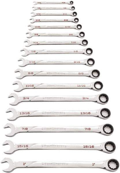 GearWrench - 16 Piece, 7/32" to 1", Ratcheting Combination Wrench Set - Inch Measurement Standard, Chrome Finish - USA Tool & Supply