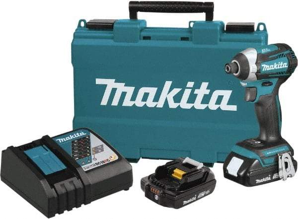 Makita - 18 Volt, 1/4" Drive, 20 Ft/Lb Torque, Cordless Impact Driver - Pistol Grip Handle, 3600 RPM, 2 Lithium-Ion Batteries Included - USA Tool & Supply