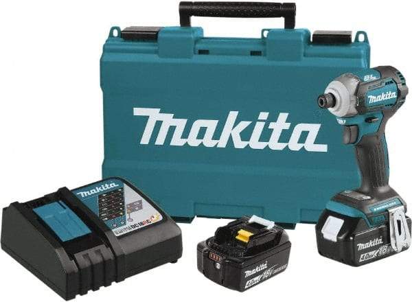 Makita - 18 Volt, 1/2" Drive, 20 Ft/Lb Torque, Cordless Impact Driver - Pistol Grip Handle, 3600 RPM, 2 Lithium-Ion Batteries Included - USA Tool & Supply