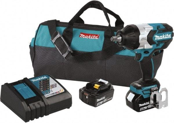 Makita - 1/2" Drive 18 Volt Pistol Grip Cordless Impact Wrench & Ratchet - 1,850 RPM, 750 Ft/Lb Torque, 2 Lithium-Ion Batteries Included - USA Tool & Supply