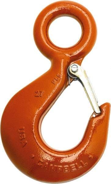 Campbell - 4,000 Lb Capacity, Chain Grade 100, Alloy Steel Eye Hook - 4.84" Reach, 1-1/8" Eye ID, 6.47" OAL, Painted Orange - USA Tool & Supply