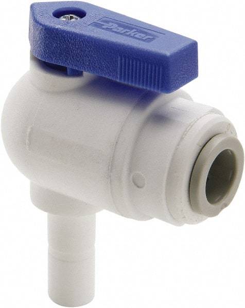 Parker - 1/4 x 3/8" Pipe, Full Port, Polypropylene Valve Tube Elbow Union Ball Valve - Bi-Directional, Tube OD x Stem OD Ends, Wedge Handle, 150 WOG - USA Tool & Supply