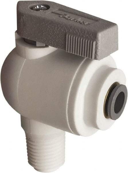 Parker - 1/4" Pipe, Full Port, Polypropylene Valve Male Elbow Ball Valve - Bi-Directional, MNPT x Push-to-Connect Ends, Wedge Handle, 150 WOG - USA Tool & Supply