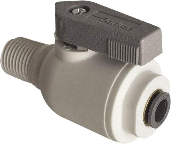 Parker - 1/4" Pipe, Full Port, Polypropylene Valve Male Connector Ball Valve - Bi-Directional, MNPT x Push-to-Connect Ends, Wedge Handle, 150 WOG - USA Tool & Supply