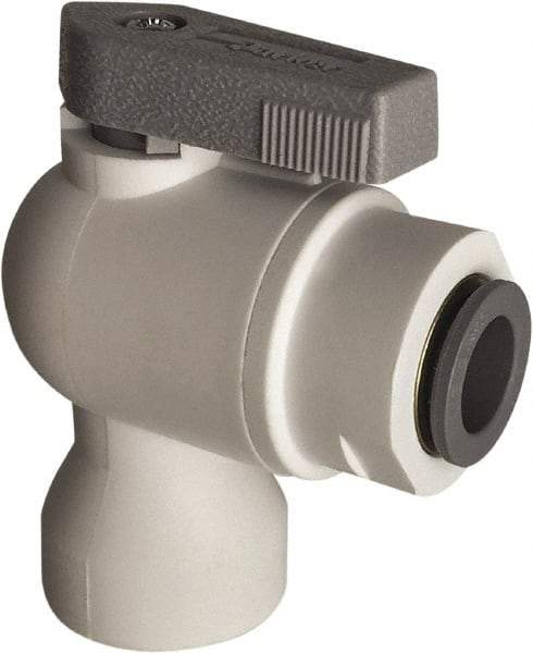 Parker - 1/4" Pipe, Full Port, Polypropylene Valve Female Elbow Ball Valve - Bi-Directional, Push-to-Connect x FNPT Ends, Wedge Handle, 150 WOG - USA Tool & Supply