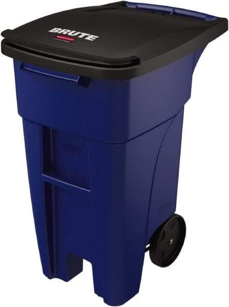 Rubbermaid - 32 Gal Blue Rectangle Trash Can - Plastic, None Graphic, 37.16" High x 20.62" Wide, Lid Included - USA Tool & Supply