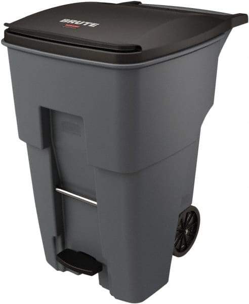 Rubbermaid - 95 Gal Gray Rectangle Trash Can - Plastic, None Graphic, 46.02" High x 28.6" Wide, Lid Included - USA Tool & Supply