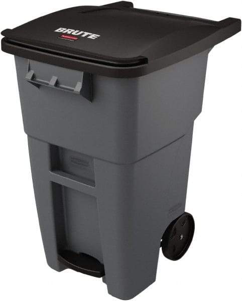 Rubbermaid - 50 Gal Gray Rectangle Trash Can - Plastic, None Graphic, 39.58" High x 24" Wide, Lid Included - USA Tool & Supply