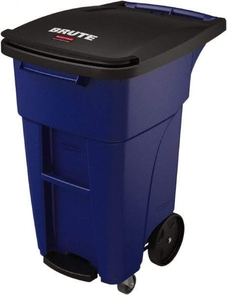 Rubbermaid - 32 Gal Blue Rectangle Trash Can - Plastic, None Graphic, 37.16" High x 20.62" Wide, Lid Included - USA Tool & Supply