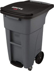 Rubbermaid - 32 Gal Gray Rectangle Trash Can - Plastic, None Graphic, 37.16" High x 20.62" Wide, Lid Included - USA Tool & Supply