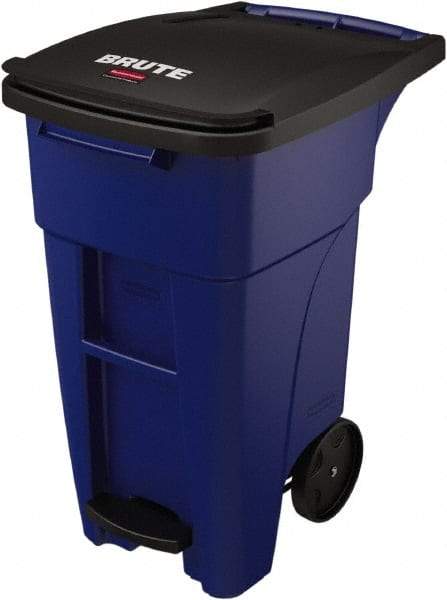 Rubbermaid - 32 Gal Blue Rectangle Trash Can - Plastic, None Graphic, 37.16" High x 20.62" Wide, Lid Included - USA Tool & Supply