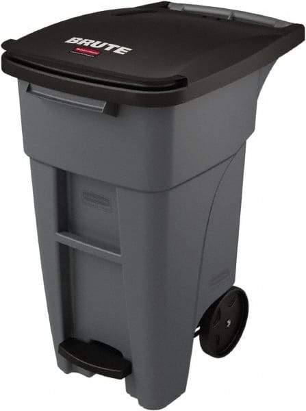 Rubbermaid - 32 Gal Gray Rectangle Trash Can - Plastic, None Graphic, 37.16" High x 20.62" Wide, Lid Included - USA Tool & Supply