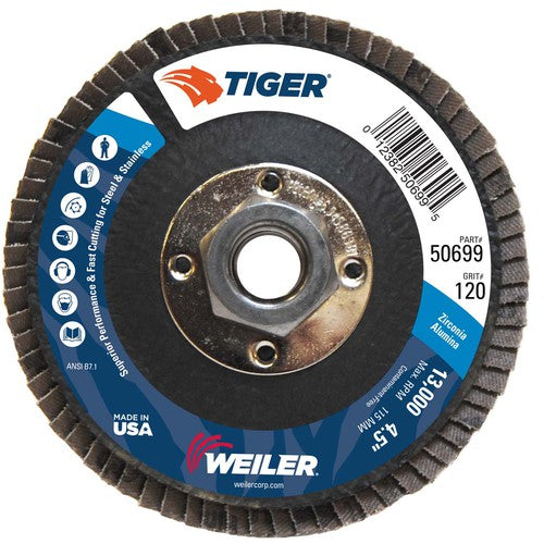 4-1/2″ Tiger Disc Abrasive Flap Disc, Flat, Phenolic Backing, 120Z, 5/8″-11 UNC Nut - USA Tool & Supply