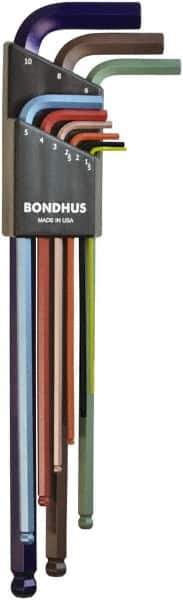 Bondhus - 9 Piece L-Key Ball End Hex Key Set - Hex Range 1.5 to 10mm, 8.4" OAL - USA Tool & Supply