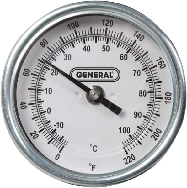 General - 36 Inch Long Stem, 3 Inch Dial Diameter, Back Connected Bi-Metal Thermometer - 220°Fahrenheit - USA Tool & Supply