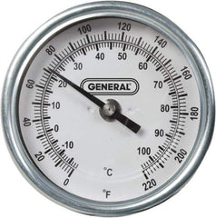 General - 36 Inch Long Stem, 3 Inch Dial Diameter, Back Connected Bi-Metal Thermometer - 220°Fahrenheit - USA Tool & Supply