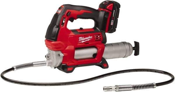 Milwaukee Tool - 10,000 Max psi, Flexible Battery-Operated Grease Gun - 14 oz Capacity, 31 Strokes per oz, Includes Grease Gun, Gauge Hose Assembly, Coupler, 18 V Rechargeable Battery, 30-Minute Charger, Carrying Case & Carrying Strip - USA Tool & Supply