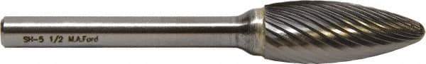 M.A. Ford - 1/2" Cut Diam, 6mm Shank Diam, Flame Head Double Cut Burr - Carbide, Radius End, 31mm LOC, 181mm OAL - USA Tool & Supply