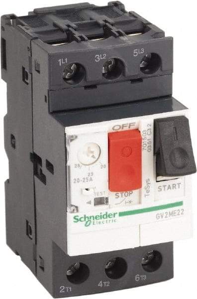 Schneider Electric - 25 Amp, 690 VAC at 50/60 Hz, 3 Pole, Bolt On, Clip Motor Circuit Breaker - Thermal Magnetic Trip, Multiple Breaking Capacity Ratings, 78mm Deep x 89mm High x 45mm Wide - USA Tool & Supply