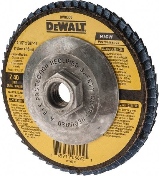 DeWALT - 40 Grit, 4-1/2" Disc Diam, 5/8-11 Center Hole, Type 27 Zirconia Alumina Flap Disc - 13,300 Max RPM, Fiberglass Backing, Arbor Attaching System, Coated - USA Tool & Supply