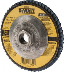 DeWALT - 40 Grit, 4-1/2" Disc Diam, 5/8-11 Center Hole, Type 27 Zirconia Alumina Flap Disc - 13,300 Max RPM, Fiberglass Backing, Arbor Attaching System, Coated - USA Tool & Supply