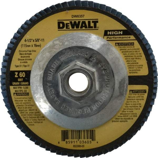 DeWALT - 60 Grit, 4-1/2" Disc Diam, 5/8-11 Center Hole, Type 27 Zirconia Alumina Flap Disc - 13,300 Max RPM, Fiberglass Backing, Arbor Attaching System, Coated - USA Tool & Supply