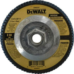 DeWALT - 60 Grit, 4-1/2" Disc Diam, 5/8-11 Center Hole, Type 27 Zirconia Alumina Flap Disc - 13,300 Max RPM, Fiberglass Backing, Arbor Attaching System, Coated - USA Tool & Supply