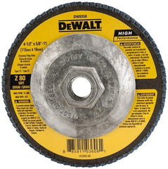 DeWALT - 80 Grit, 4-1/2" Disc Diam, 5/8-11 Center Hole, Type 27 Zirconia Alumina Flap Disc - 13,300 Max RPM, Fiberglass Backing, Arbor Attaching System, Coated - USA Tool & Supply