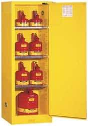 Justrite - 1 Door, 3 Shelf, Yellow Steel Space Saver Safety Cabinet for Flammable and Combustible Liquids - 65" High x 23-1/4" Wide x 18" Deep, Self Closing Door, 22 Gal Capacity - USA Tool & Supply