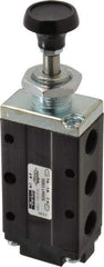 Parker - 0.83 CV Rate, 1/4" NPT Inlet Direct Air 4 Mechanical Spool Valve - 4 Way, 2 Position, 150 Max psi, Button Spring Return - USA Tool & Supply