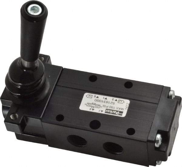 Parker - 0.83 CV Rate, 1/4" NPT Inlet Direct Air 4 Mechanical Spool Valve - 4 Way, 3 Position CC, 150 Max psi, Lever Manual Return - USA Tool & Supply