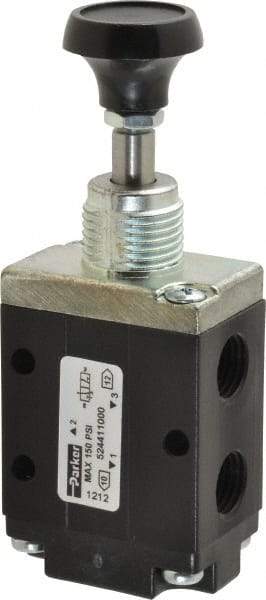 Parker - 0.83 CV Rate, 1/4" NPT Inlet Direct Air 4 Mechanical Spool Valve - 3 Way, 2 Position NC, 150 Max psi, Button Spring Return - USA Tool & Supply