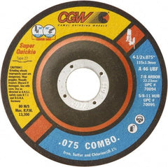 Camel Grinding Wheels - 46 Grit, 5" Wheel Diam, 5/64" Wheel Thickness, 7/8" Arbor Hole, Type 27 Depressed Center Wheel - Medium Grade, Aluminum Oxide, Resinoid Bond, U Hardness, 12,250 Max RPM - USA Tool & Supply