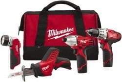 Milwaukee Tool - 12 Volt Cordless Tool Combination Kit - Includes 3/8" Drill/Driver, Reciprocating Saw, 1/4" Hex Impact Driver & Work Light, Lithium-Ion Battery Not Included - USA Tool & Supply