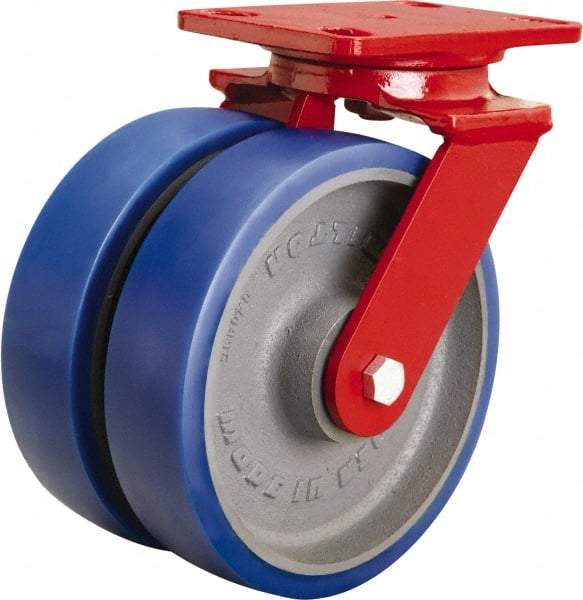Hamilton - 8" Diam x 2" Wide x 9-3/4" OAH Top Plate Mount Swivel Caster - Polyurethane Mold onto Cast Iron Center, 2,400 Lb Capacity, Tapered Roller Bearing, 4-1/2 x 6-1/2" Plate - USA Tool & Supply