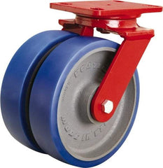 Hamilton - 8" Diam x 2" Wide x 9-3/4" OAH Top Plate Mount Swivel Caster - Polyurethane Mold onto Cast Iron Center, 2,400 Lb Capacity, Sealed Precision Ball Bearing, 4-1/2 x 6-1/2" Plate - USA Tool & Supply